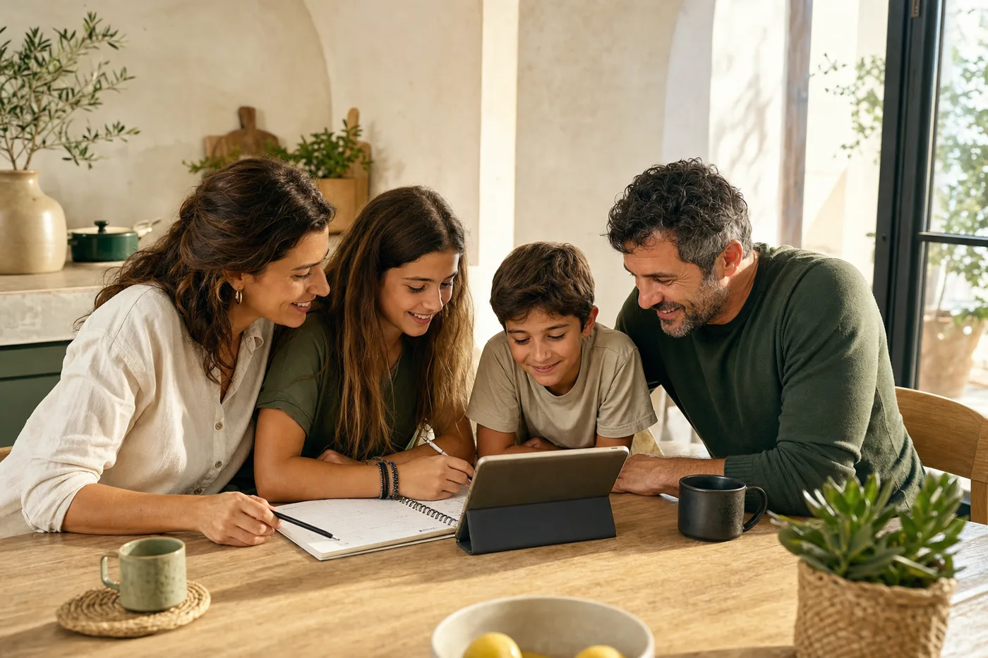 Una familia preparando junta su organización semanal