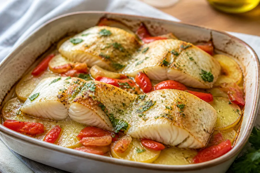 Bacalao al horno con pisto