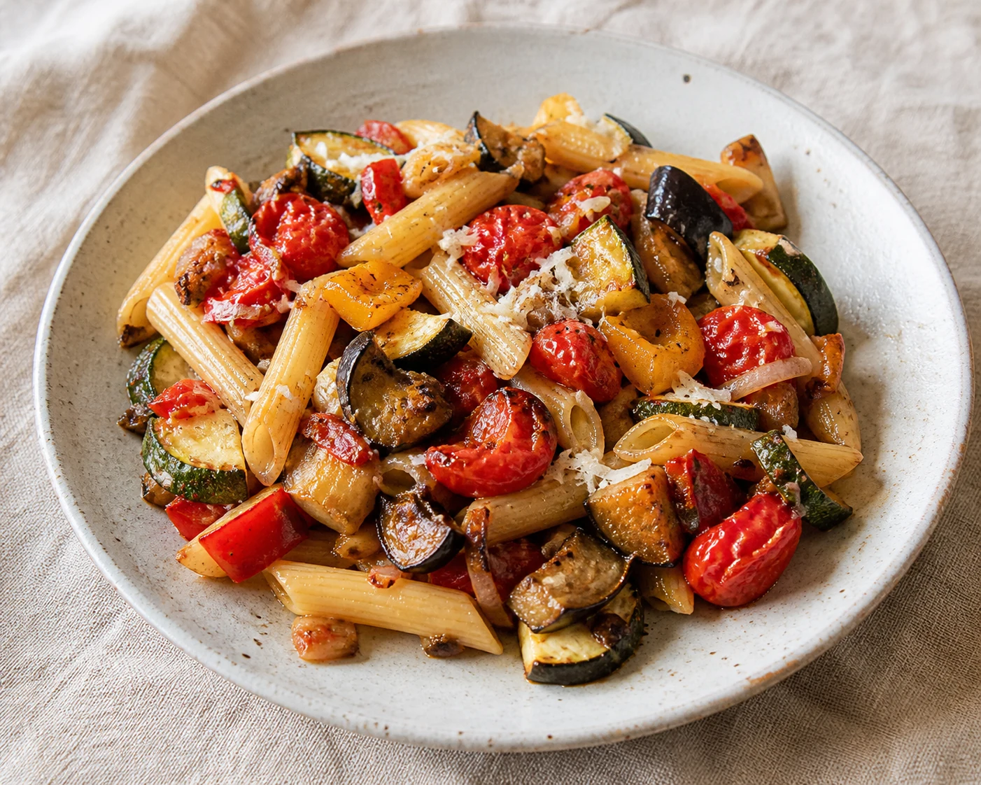 Pasta con verduras asadas y queso